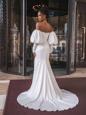 Off-The-Shoulder Puff Sleeve White Satin Wedding Dress Sweetheart Ruched High Slit Mermaid Elegant Bridal Dress