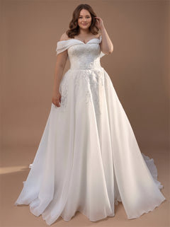 Off Shoulder Organza Prom Dress Lace Applique A Line Long Train Plus Size Formal Evening Gown