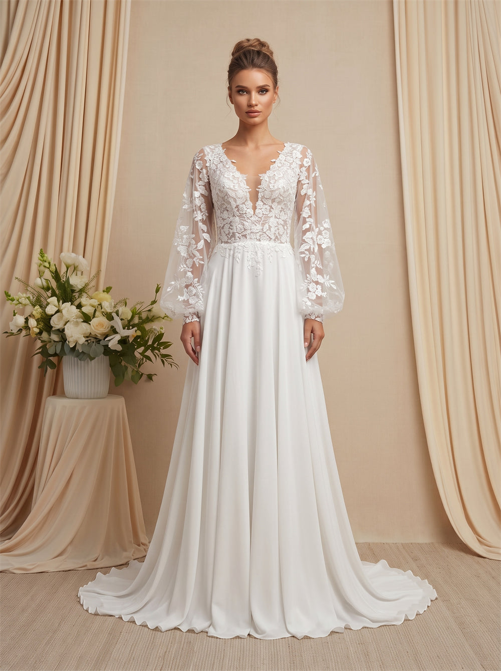 Long Sleeve Lace Chiffon Wedding Dress V Neck Low V Back Lantern Puff Sleeve Elegant Formal Bridal Dress