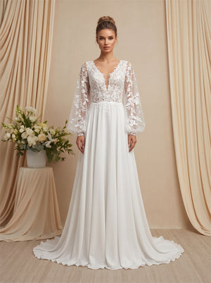 Long Sleeve Lace Chiffon Wedding Dress V Neck Low V Back Lantern Puff Sleeve Elegant Formal Bridal Dress