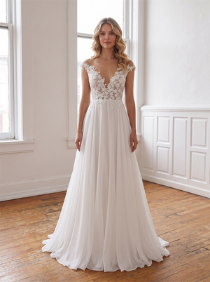 Off Shoulder V Neck Floral Lace Chiffon Wedding Dress Sheer Low Open Back A Line Flowy Bridal Gown
