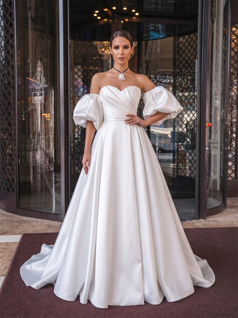 Off Shoulder Puff Sleeve Twist Bodice Lace Up Back A Line Satin Wedding Dress Bridal Dress