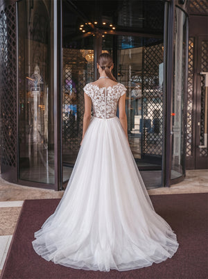 Off Shoulder Cap Sleeve Lace Bodice Tulle A Line Wedding Dress Bridal Dress