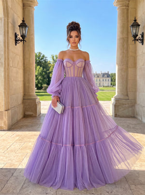 Prom Dress Sweetheart Sheer Corset Lace Up Back Lavender Polka Dot Tulle Tiered Floor Length Evening Gown