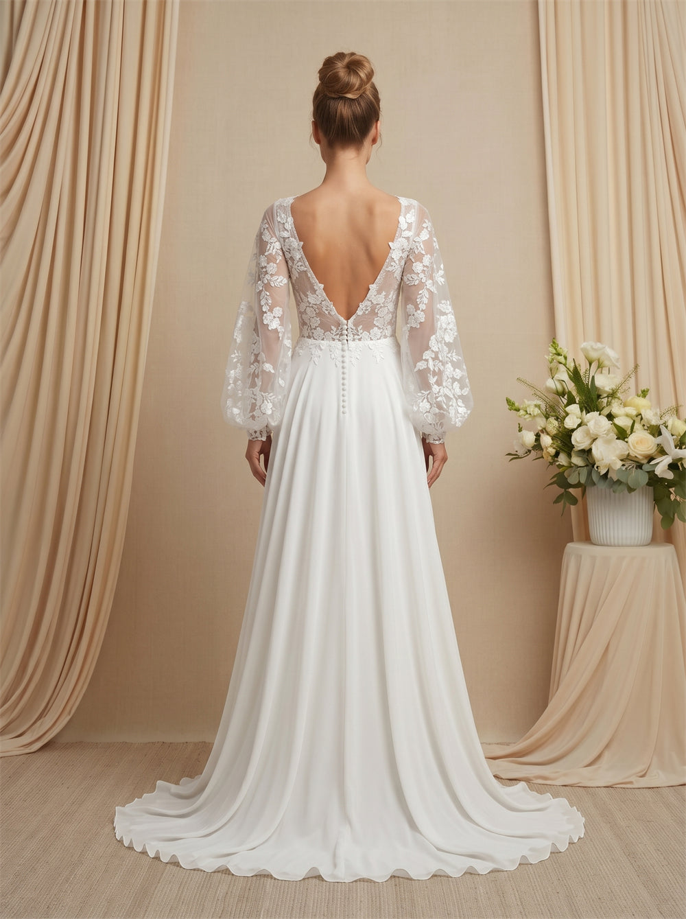 Long Sleeve Lace Chiffon Wedding Dress V Neck Low V Back Lantern Puff Sleeve Elegant Formal Bridal Dress