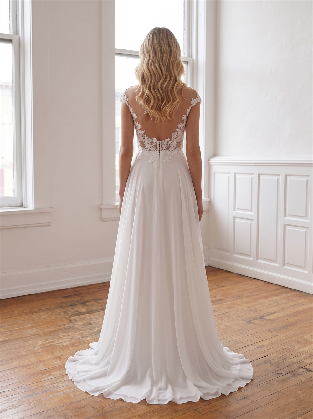 Off Shoulder V Neck Floral Lace Chiffon Wedding Dress Sheer Low Open Back A Line Flowy Bridal Gown