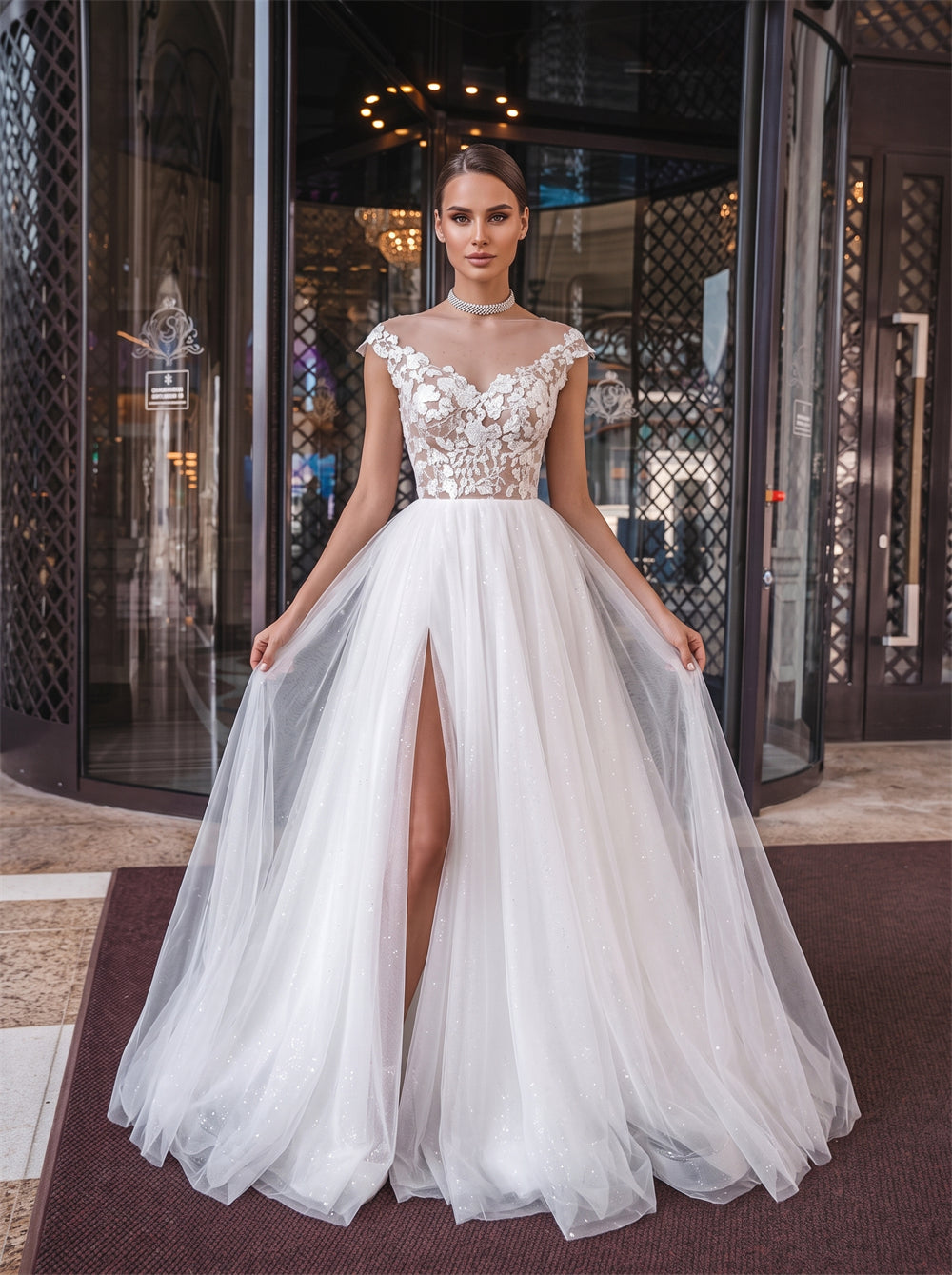 Off Shoulder Cap Sleeve Lace Bodice Tulle A Line Wedding Dress Bridal Dress