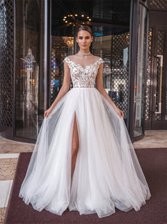Off Shoulder Cap Sleeve Lace Bodice Tulle A Line Wedding Dress Bridal Dress
