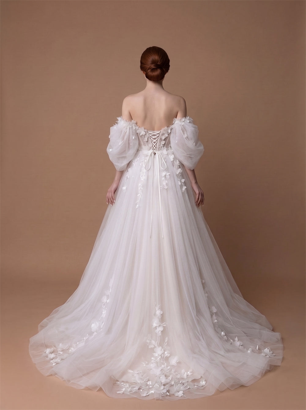 Off Shoulder Puff Sleeve Tulle Wedding Dress 3D Floral Deep V High Slit Long Train Corset Back Formal Prom Dress