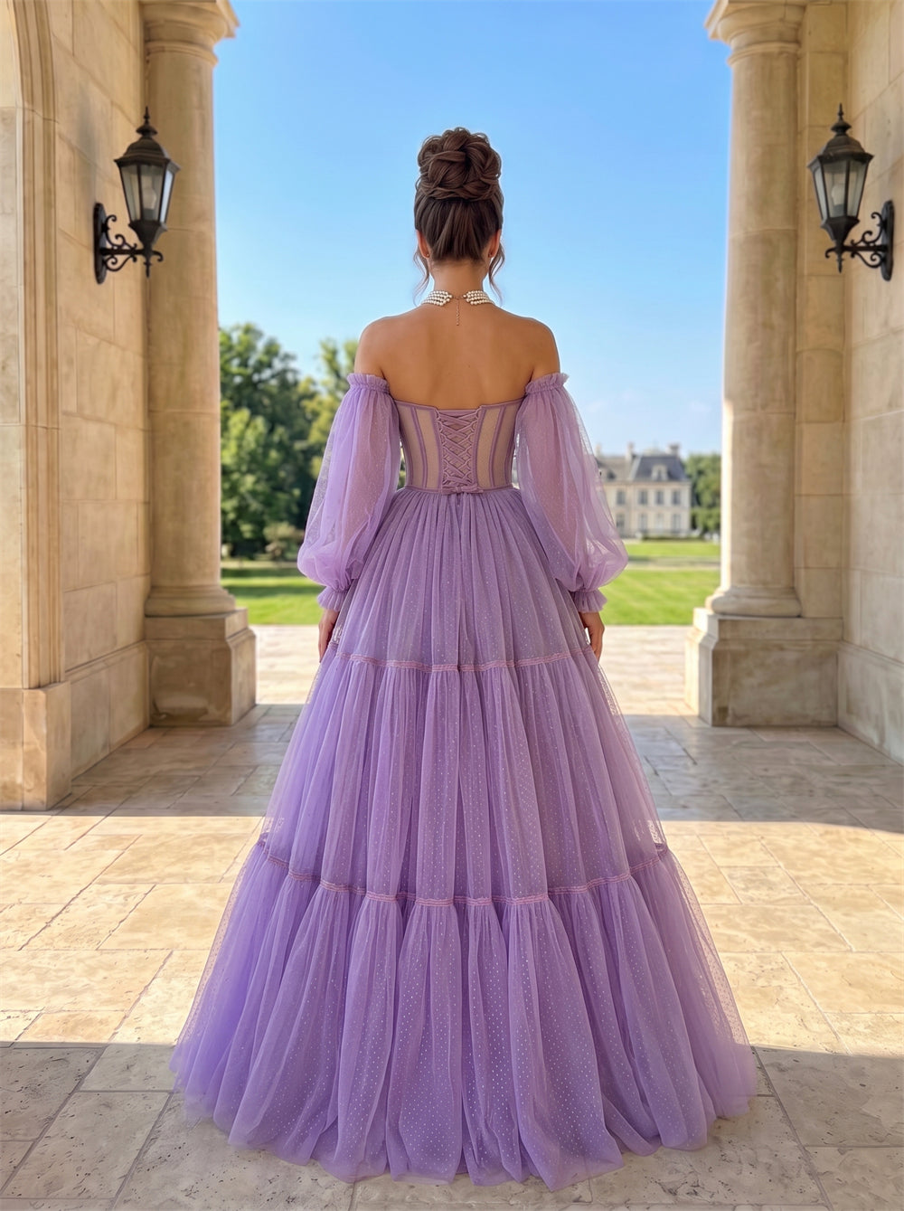 Prom Dress Sweetheart Sheer Corset Lace Up Back Lavender Polka Dot Tulle Tiered Floor Length Evening Gown