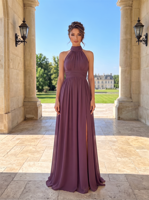 Halter Open Back Chiffon Bridesmaid Dress With Tie Bow Back High Slit Floor Length Mauve Formal Wedding Guest Evening Gown