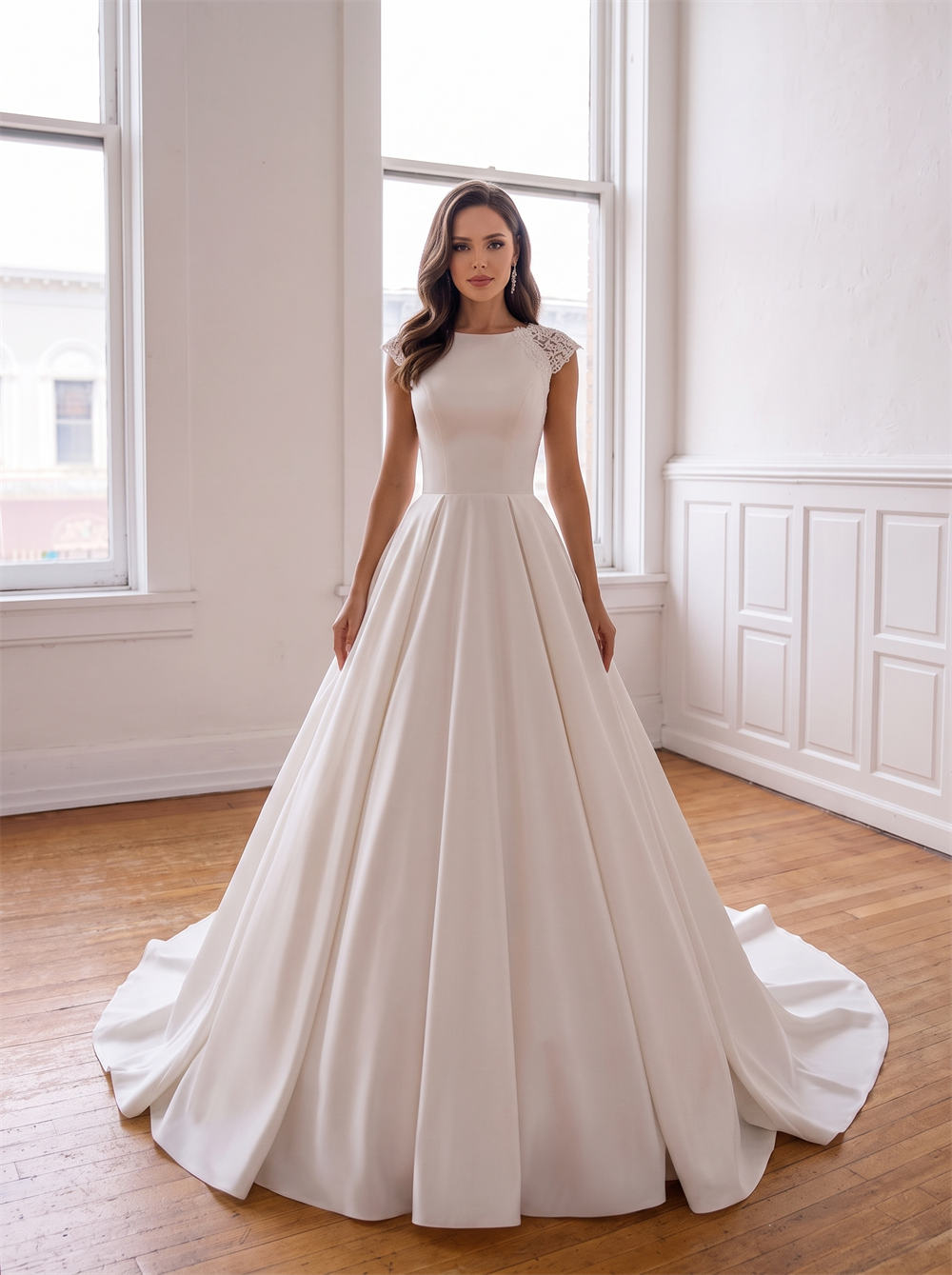 High Neck Cap Sleeve Satin Ball Gown Wedding Dress Floral Lace Illusion Open Back A Line Bridal Gown