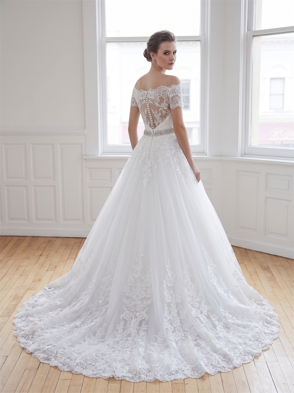 Off Shoulder Lace Tulle Wedding Dress Crystal Waist Sash Pearl Button Back Ball Gown Bridal Gown