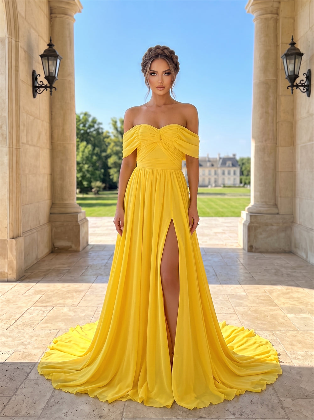Prom Dress Twist Off Shoulder Ruched Bodice Back Zipper Yellow Chiffon High Slit Floor Length Formal Gown