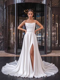 Spaghetti Strap Cowl Neck White Satin Wedding Dress Rhinestone Belt Corset Lace Up Back High Slit A Line Elegant Formal Bridal Dress