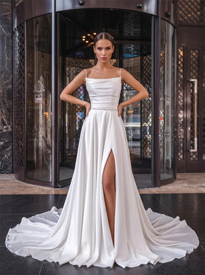 Spaghetti Strap Cowl Neck White Satin Wedding Dress Rhinestone Belt Corset Lace Up Back High Slit A Line Elegant Formal Bridal Dress