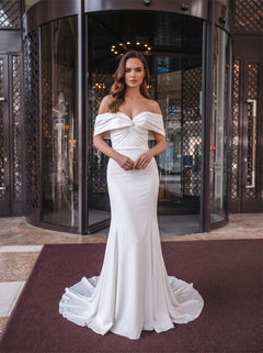 Off Shoulder Twist Ruched Lace Up Back Sash Bow Mermaid Satin Wedding Dress Bridal Dress
