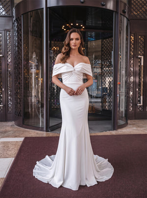 Off Shoulder Twist Ruched Lace Up Back Sash Bow Mermaid Satin Wedding Dress Bridal Dress