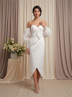 Off-The-Shoulder Puff Sleeve Satin Midi Dress Sweetheart Wrap Slit Belted Cocktail Bridal Dress