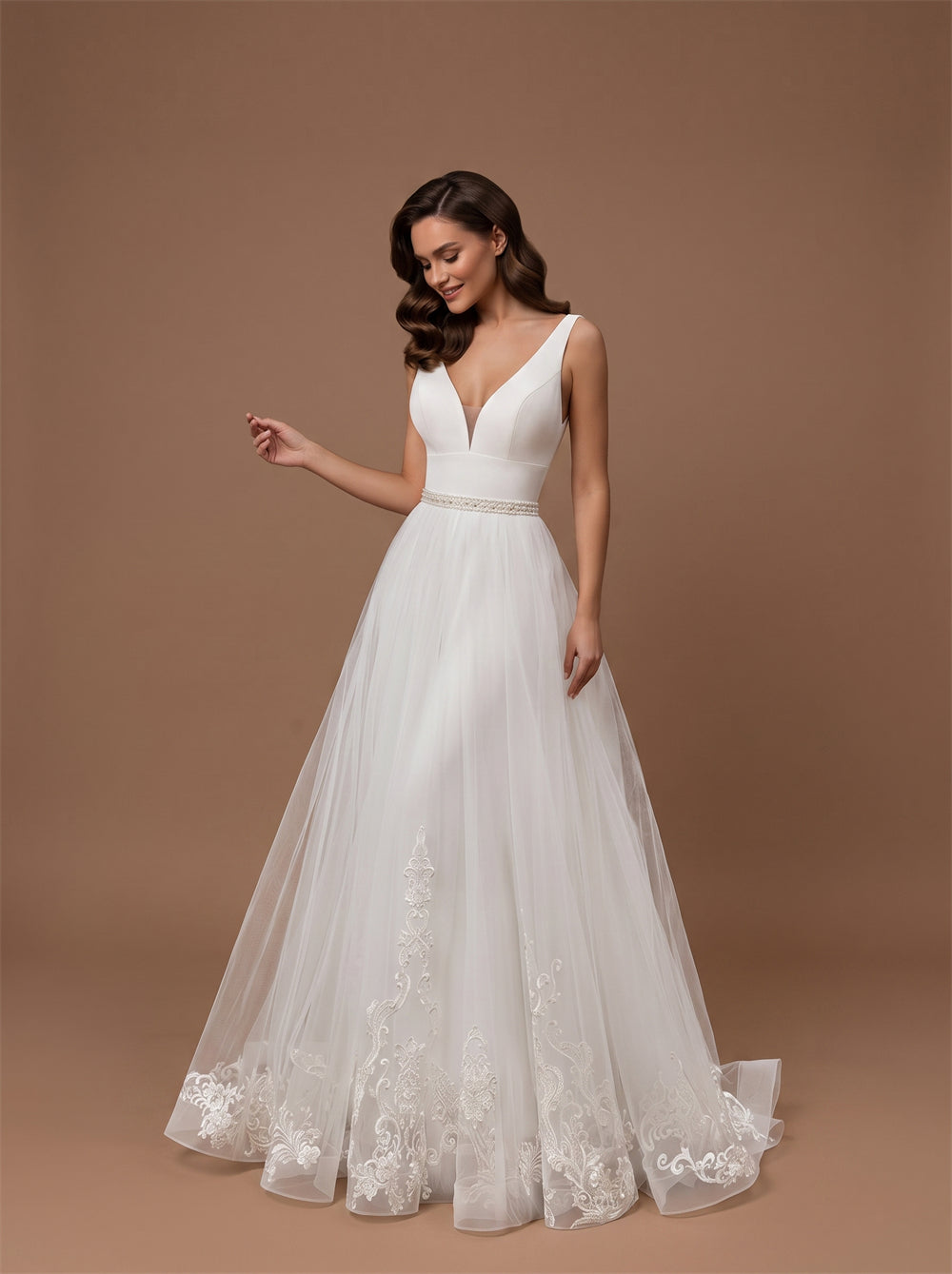 Spaghetti Strap Deep V Tulle Wedding Dress Vintage Lace Hem A Line Long Train Beaded Waist Bridal Dress
