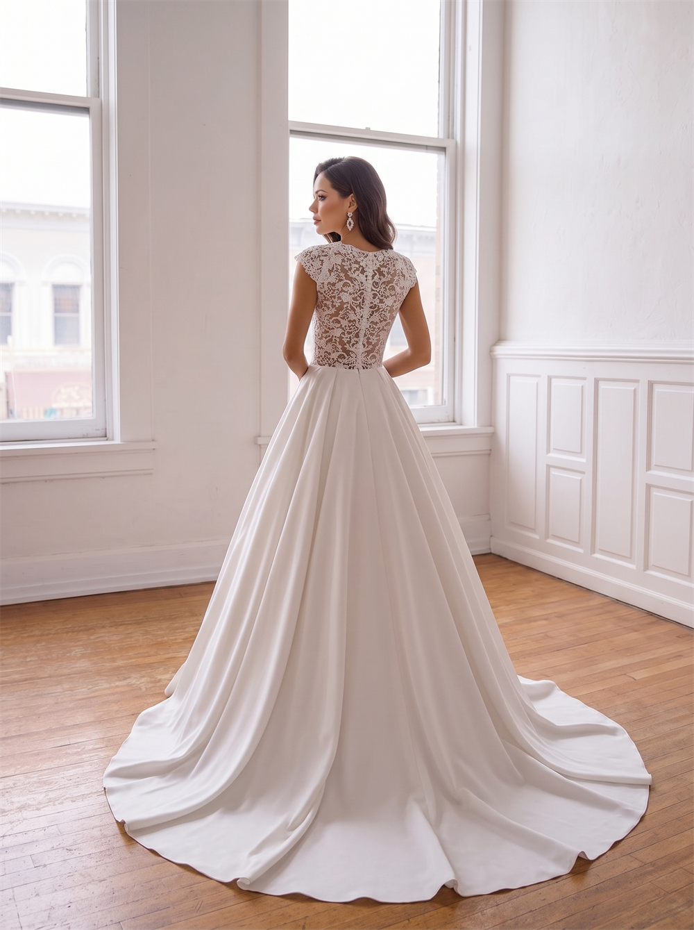 High Neck Cap Sleeve Satin Ball Gown Wedding Dress Floral Lace Illusion Open Back A Line Bridal Gown