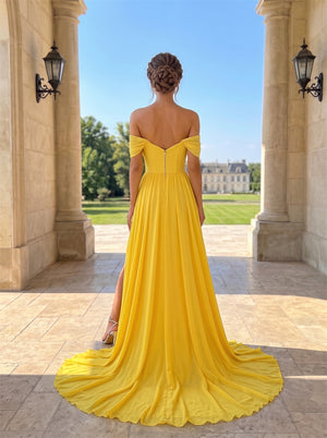 Prom Dress Twist Off Shoulder Ruched Bodice Back Zipper Yellow Chiffon High Slit Floor Length Formal Gown