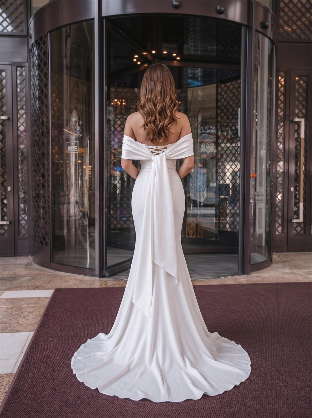 Off Shoulder Twist Ruched Lace Up Back Sash Bow Mermaid Satin Wedding Dress Bridal Dress