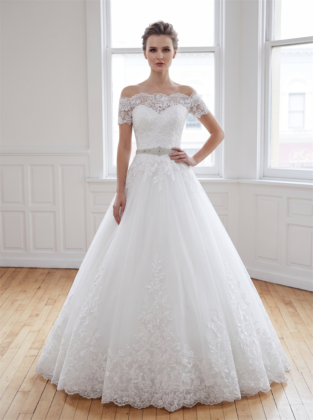 Off Shoulder Lace Tulle Wedding Dress Crystal Waist Sash Pearl Button Back Ball Gown Bridal Gown