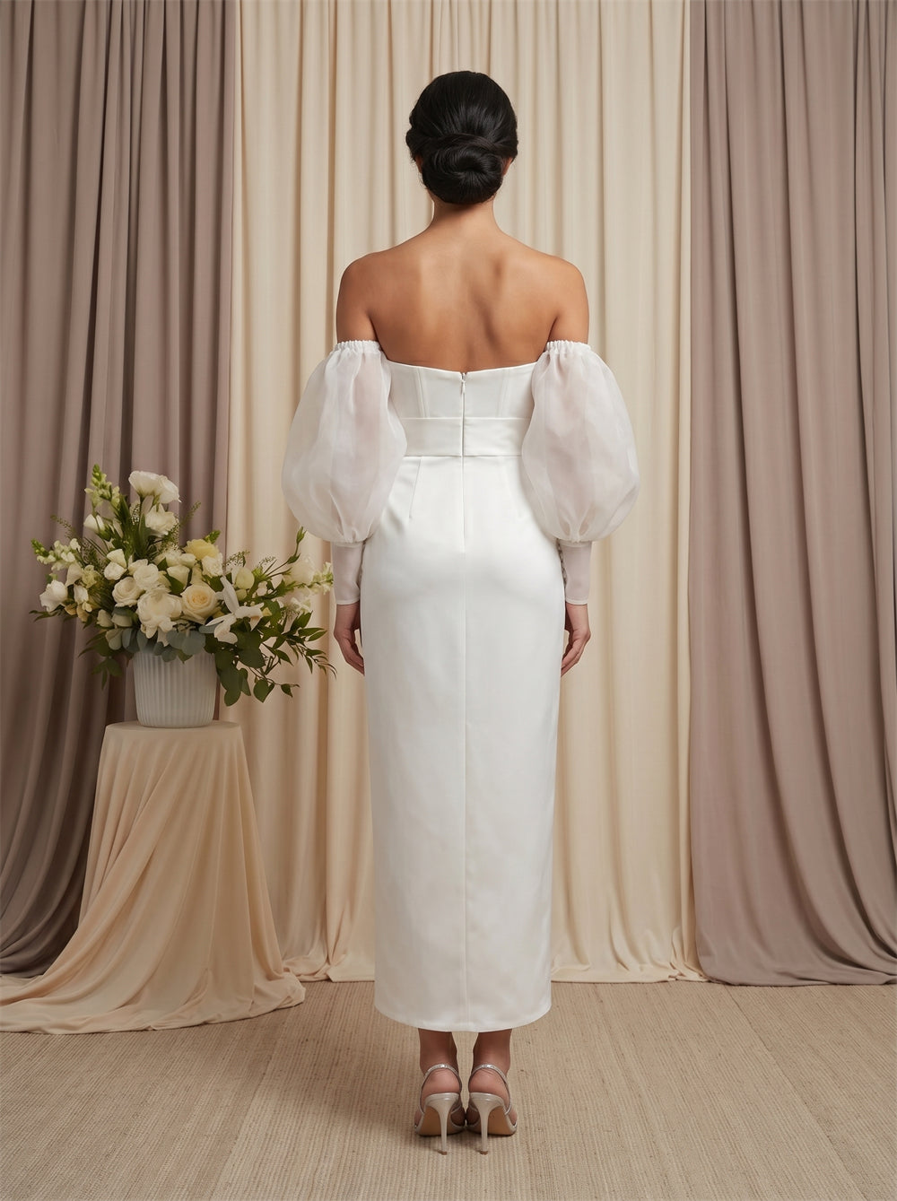 Off-The-Shoulder Puff Sleeve Satin Midi Dress Sweetheart Wrap Slit Belted Cocktail Bridal Dress