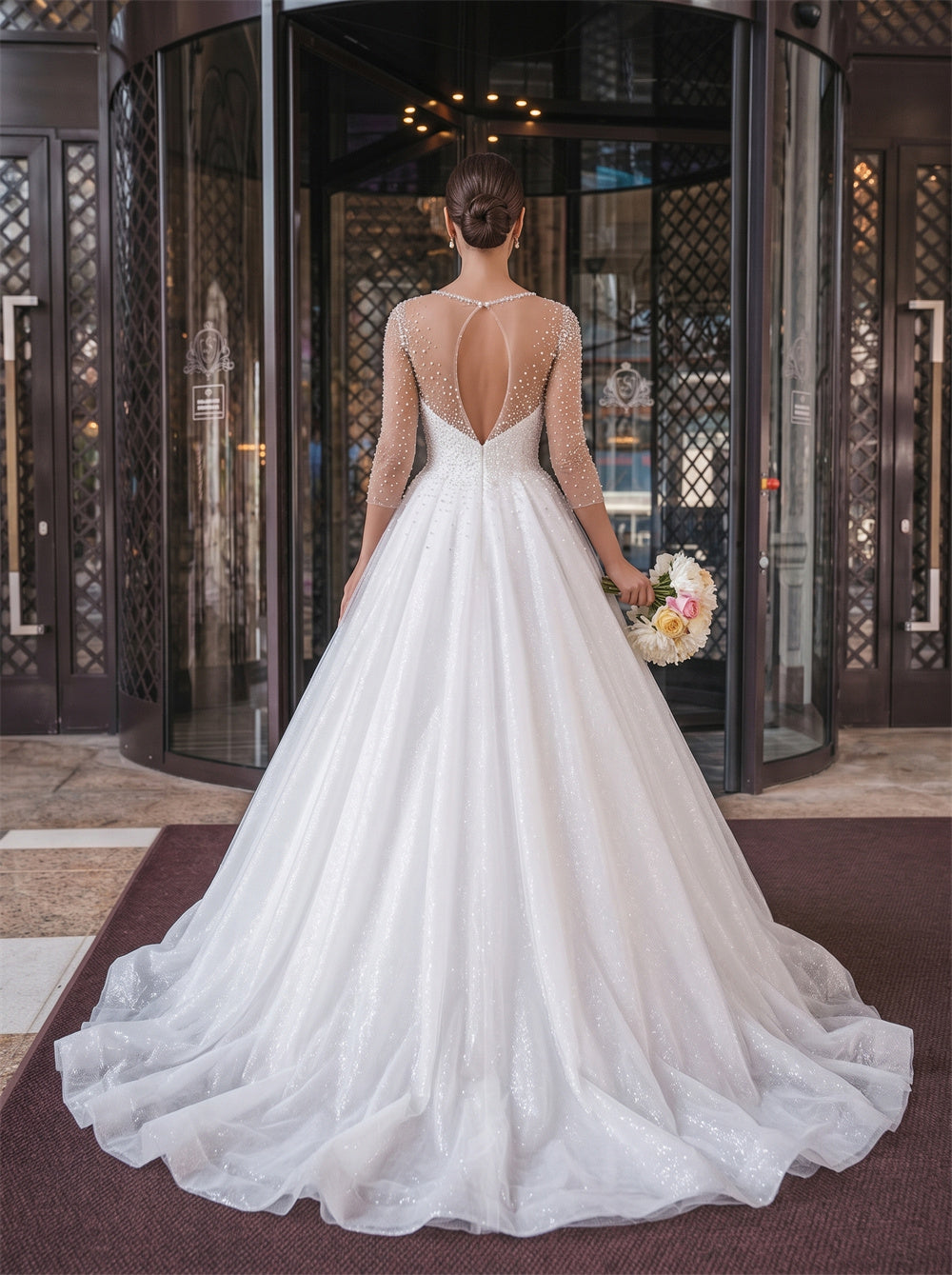 Illusion 3/4 Sleeve Beaded Open Back Glitter Tulle A Line Wedding Dress Bridal Dress