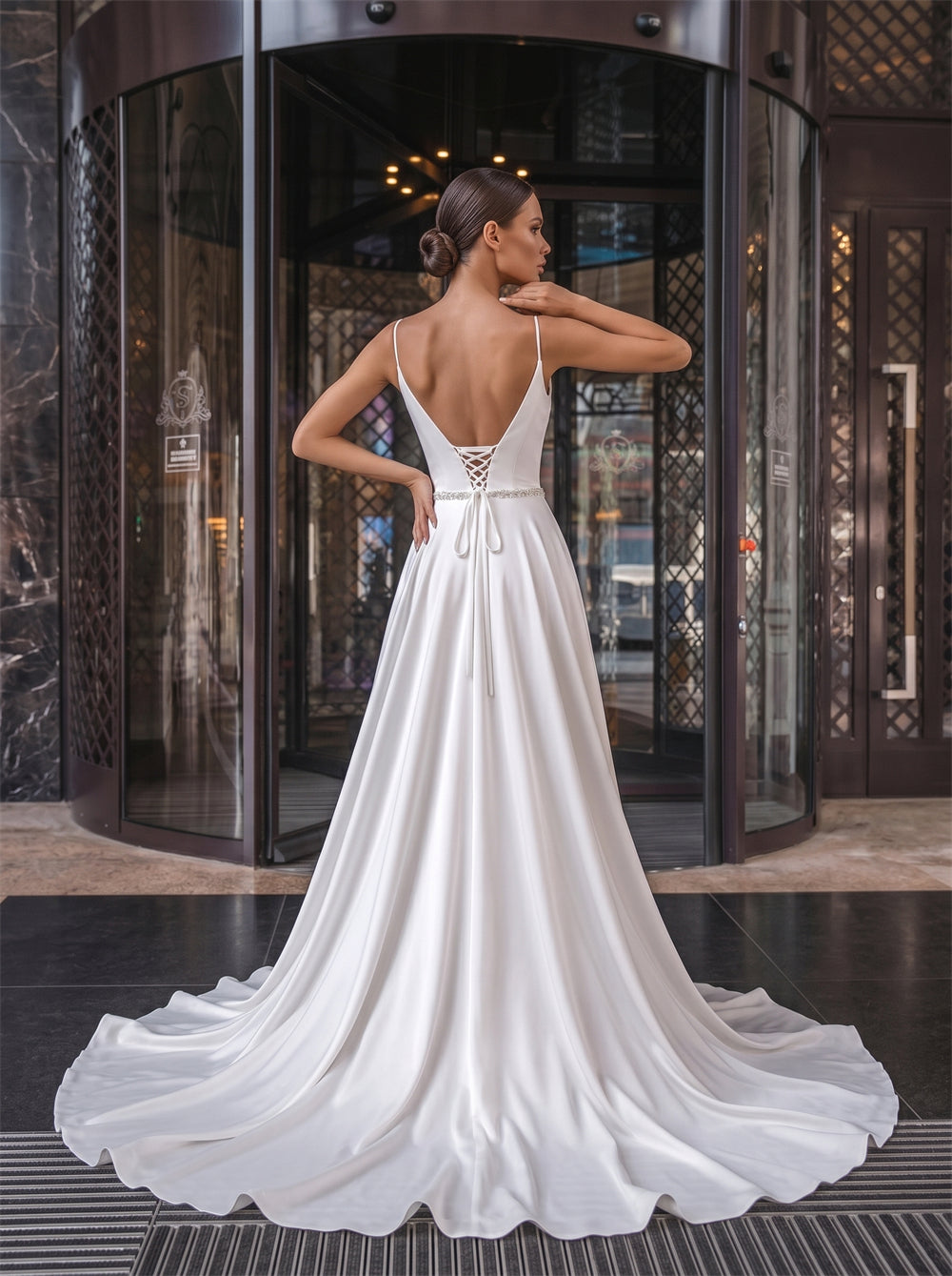 Spaghetti Strap Cowl Neck White Satin Wedding Dress Rhinestone Belt Corset Lace Up Back High Slit A Line Elegant Formal Bridal Dress