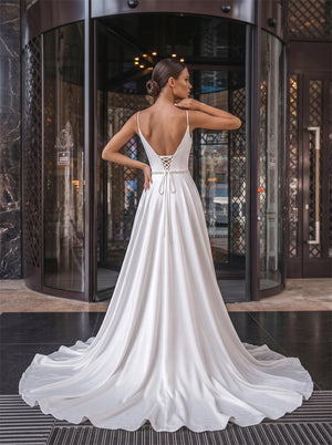 Spaghetti Strap Cowl Neck White Satin Wedding Dress Rhinestone Belt Corset Lace Up Back High Slit A Line Elegant Formal Bridal Dress