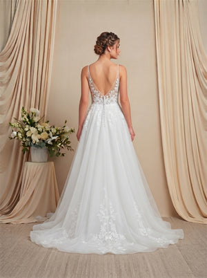 Sleeveless Spaghetti Strap Lace Tulle Wedding Dress Deep V Back Floral Applique A Line Formal Bridal Dress