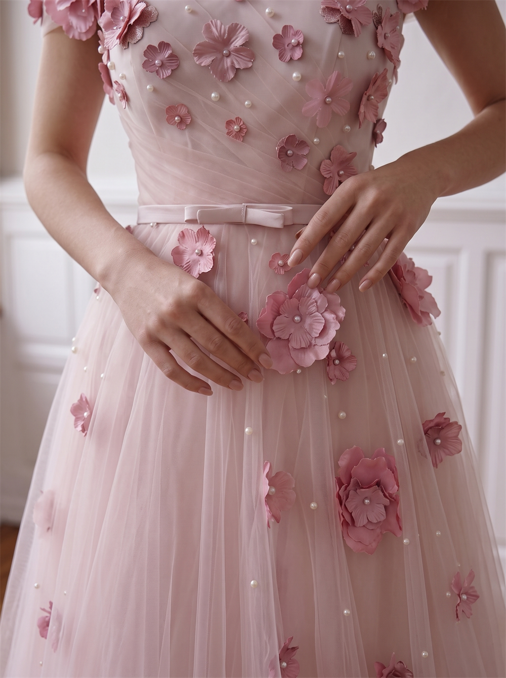 Off The Shoulder Pink Tulle Prom Dress 3D Floral Appliques Pearls Lace Up Back Big Bow A Line Long Evening Gown