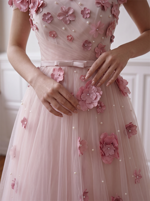Off The Shoulder Pink Tulle Prom Dress 3D Floral Appliques Pearls Lace Up Back Big Bow A Line Long Evening Gown