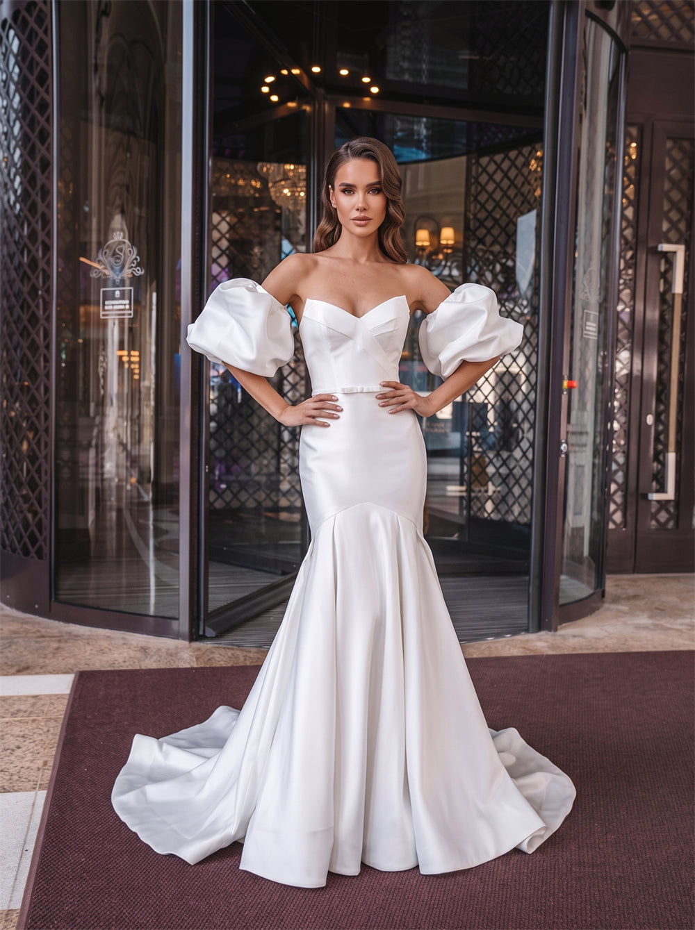Off Shoulder Puff Sleeve Sweetheart Lace Up Back Mermaid Satin Wedding Dress Bridal Dress