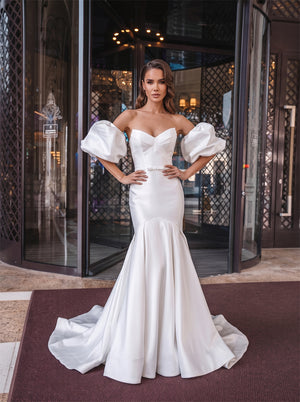 Off Shoulder Puff Sleeve Sweetheart Lace Up Back Mermaid Satin Wedding Dress Bridal Dress