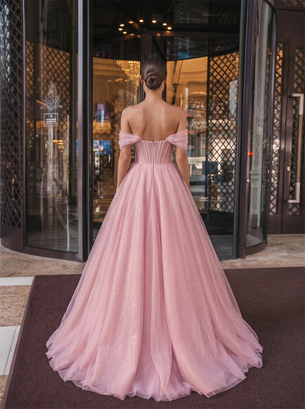 Off Shoulder Corset Bow Zipper Back Glitter Tulle A Line Evening Dress Prom Dress