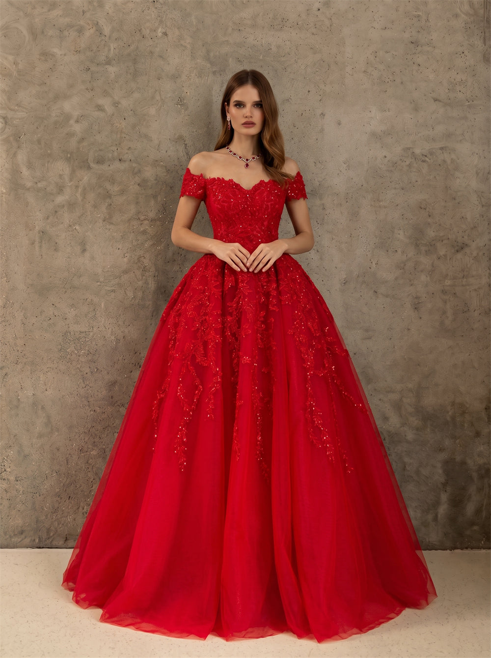 Prom Dress Off Shoulder Short Sleeve Floral Lace Sequins Lace Up Back Red Tulle Floor Length Formal Ball Gown