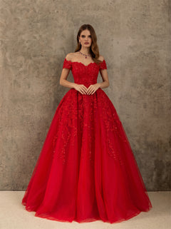Prom Dress Off Shoulder Short Sleeve Floral Lace Sequins Lace Up Back Red Tulle Floor Length Formal Ball Gown
