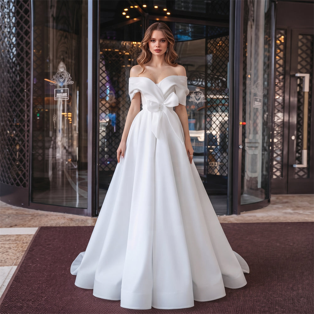 Off Shoulder Fold Cuff Organza Wedding Dress Oversized Waist Bow Voluminous A Line Princess Floor Length Classic Ballgown Bridal Dress