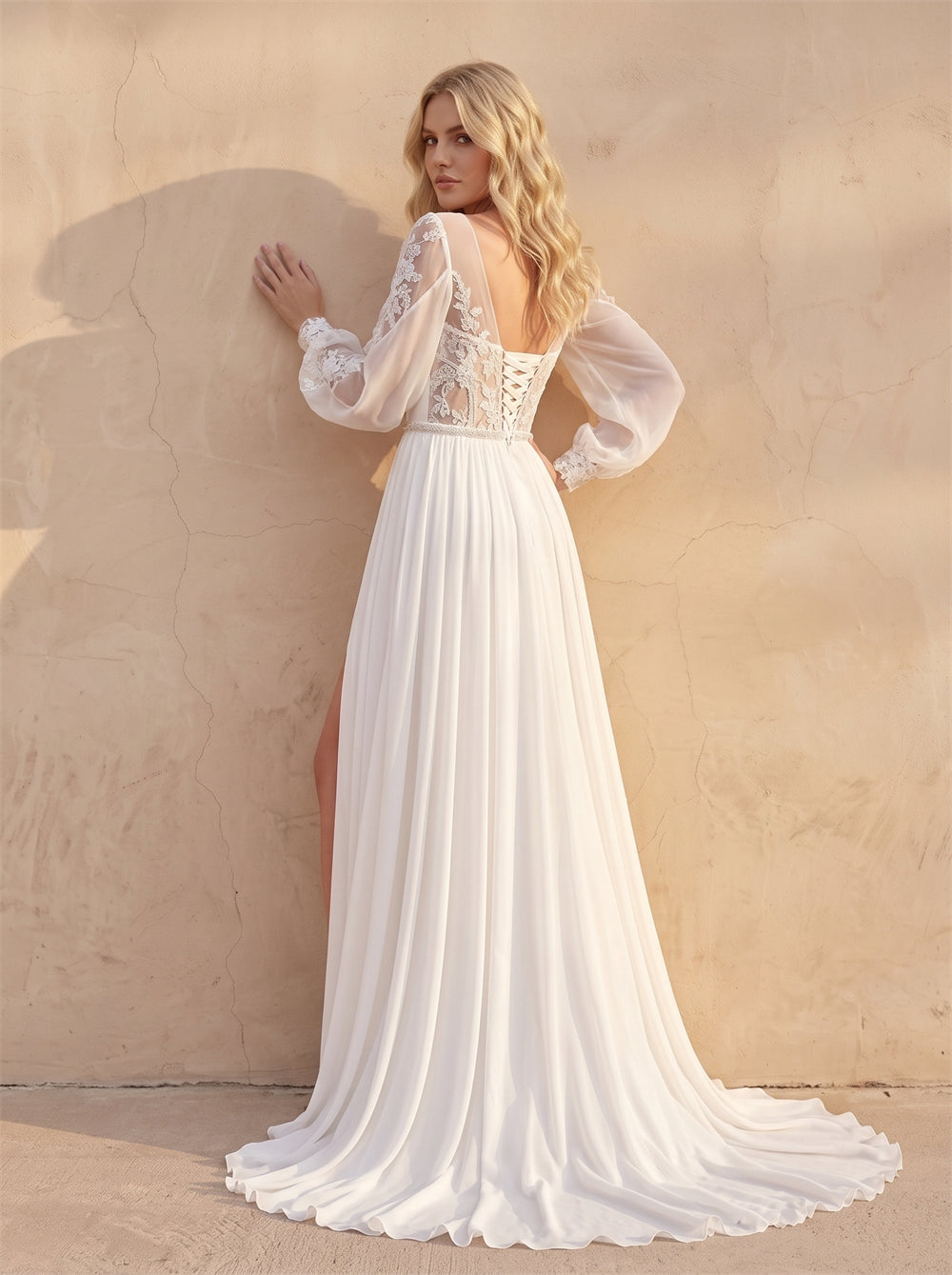 Long Sleeve Lace Chiffon Wedding Dress Deep V High Slit A Line Sweep Train Corset Back Beaded Waist Bridal Dress