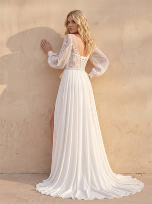 Long Sleeve Lace Chiffon Wedding Dress Deep V High Slit A Line Sweep Train Corset Back Beaded Waist Bridal Dress