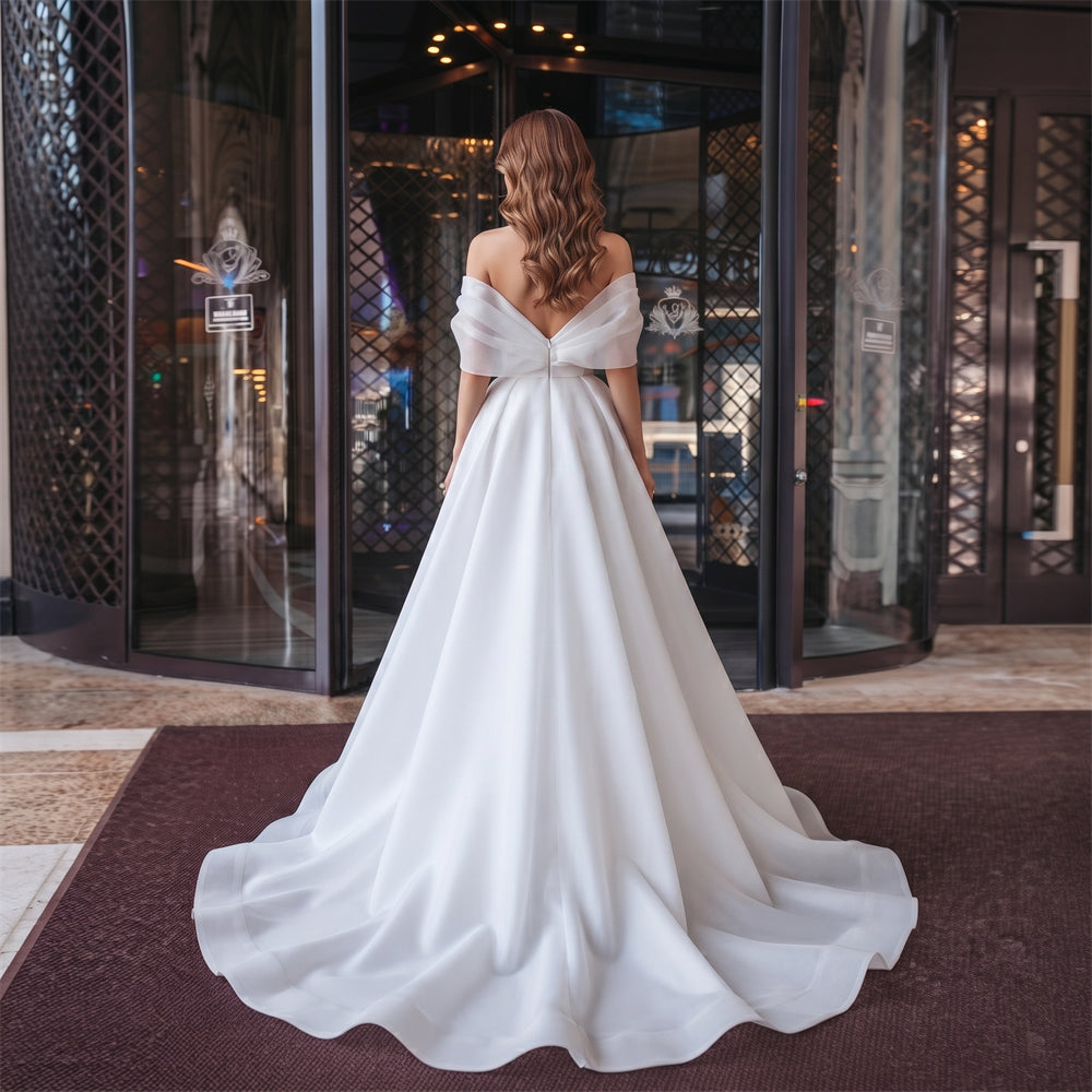 Off Shoulder Fold Cuff Organza Wedding Dress Oversized Waist Bow Voluminous A Line Princess Floor Length Classic Ballgown Bridal Dress