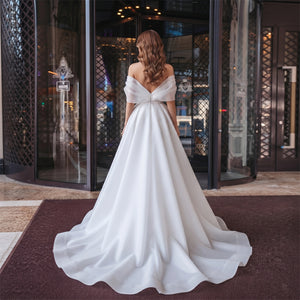 Off Shoulder Fold Cuff Organza Wedding Dress Oversized Waist Bow Voluminous A Line Princess Floor Length Classic Ballgown Bridal Dress