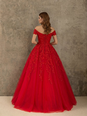 Prom Dress Off Shoulder Short Sleeve Floral Lace Sequins Lace Up Back Red Tulle Floor Length Formal Ball Gown