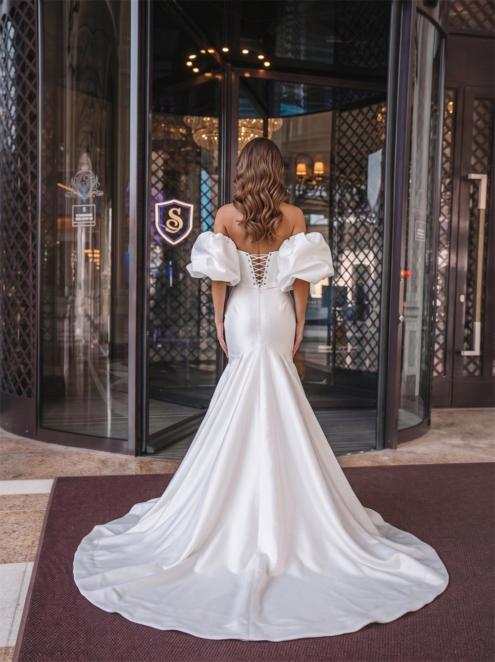 Off Shoulder Puff Sleeve Sweetheart Lace Up Back Mermaid Satin Wedding Dress Bridal Dress