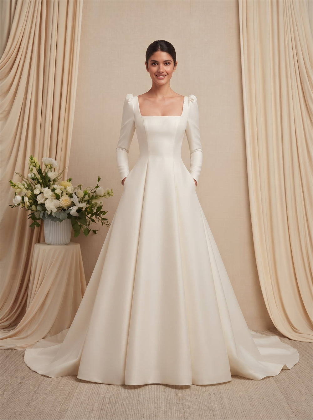 Long Sleeve Square Neck Satin Wedding Dress Low Back Button Classic A Line Elegant Formal Bridal Dress