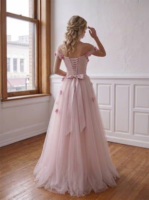Off The Shoulder Pink Tulle Prom Dress 3D Floral Appliques Pearls Lace Up Back Big Bow A Line Long Evening Gown