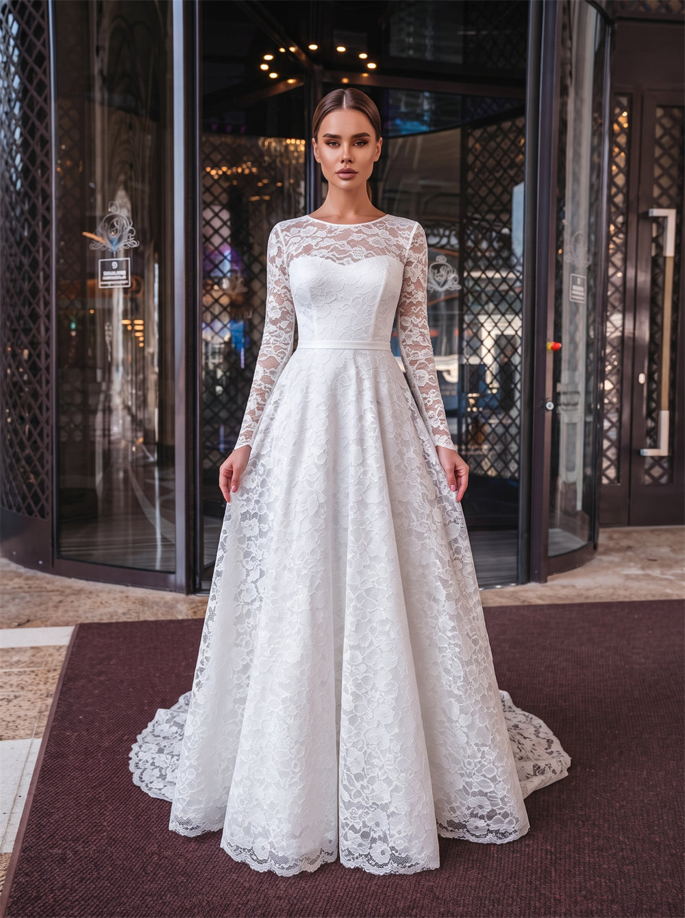 Long Sleeve Full Lace Wedding Dress Round Neck V Back Button Belted Classic A Line Formal Bridal Dress